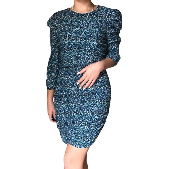 Zara Blue & White Floral Ruched Bodycon Dress Mini Length Long Sleeve Medium - Picture 5 of 12